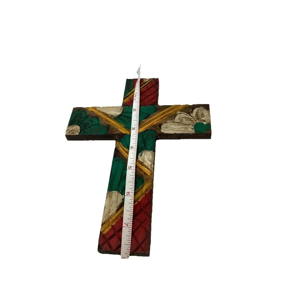 Vintage Rustic Wood Hand Carved Painted Cross Mexican Folk Art Home Decor 8